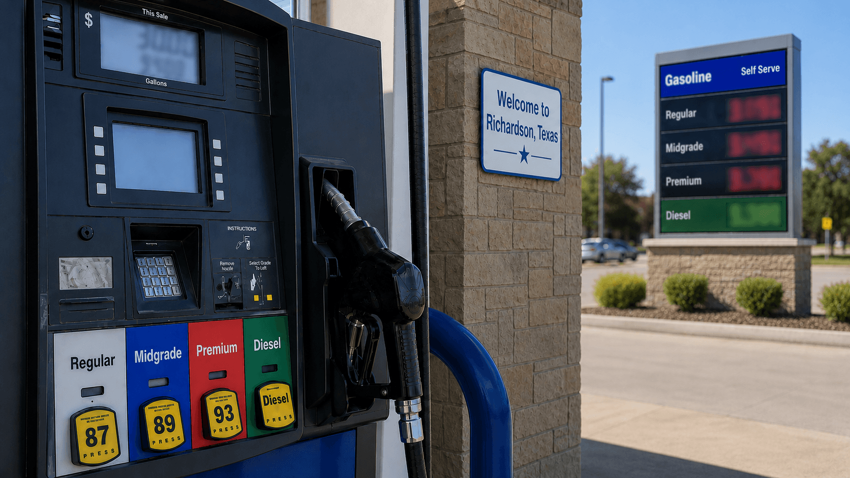 Gas prices at the pump in Richardson Texas - Illustration Jake Team LLC